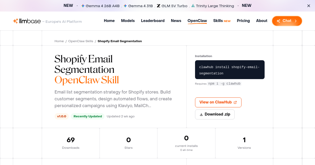 Shopify Email Segmentation - OpenClaw AI Agent Skill | LLMBase