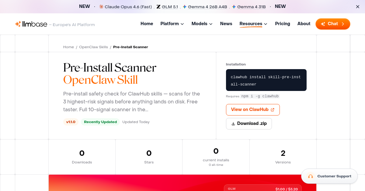 Pre-Install Scanner - OpenClaw AI Agent Skill | LLMBase