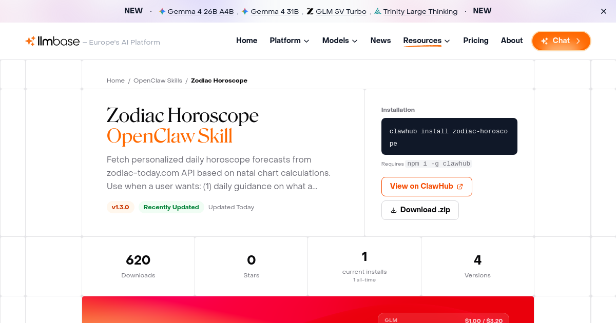Zodiac Horoscope - OpenClaw AI Agent Skill | LLMBase