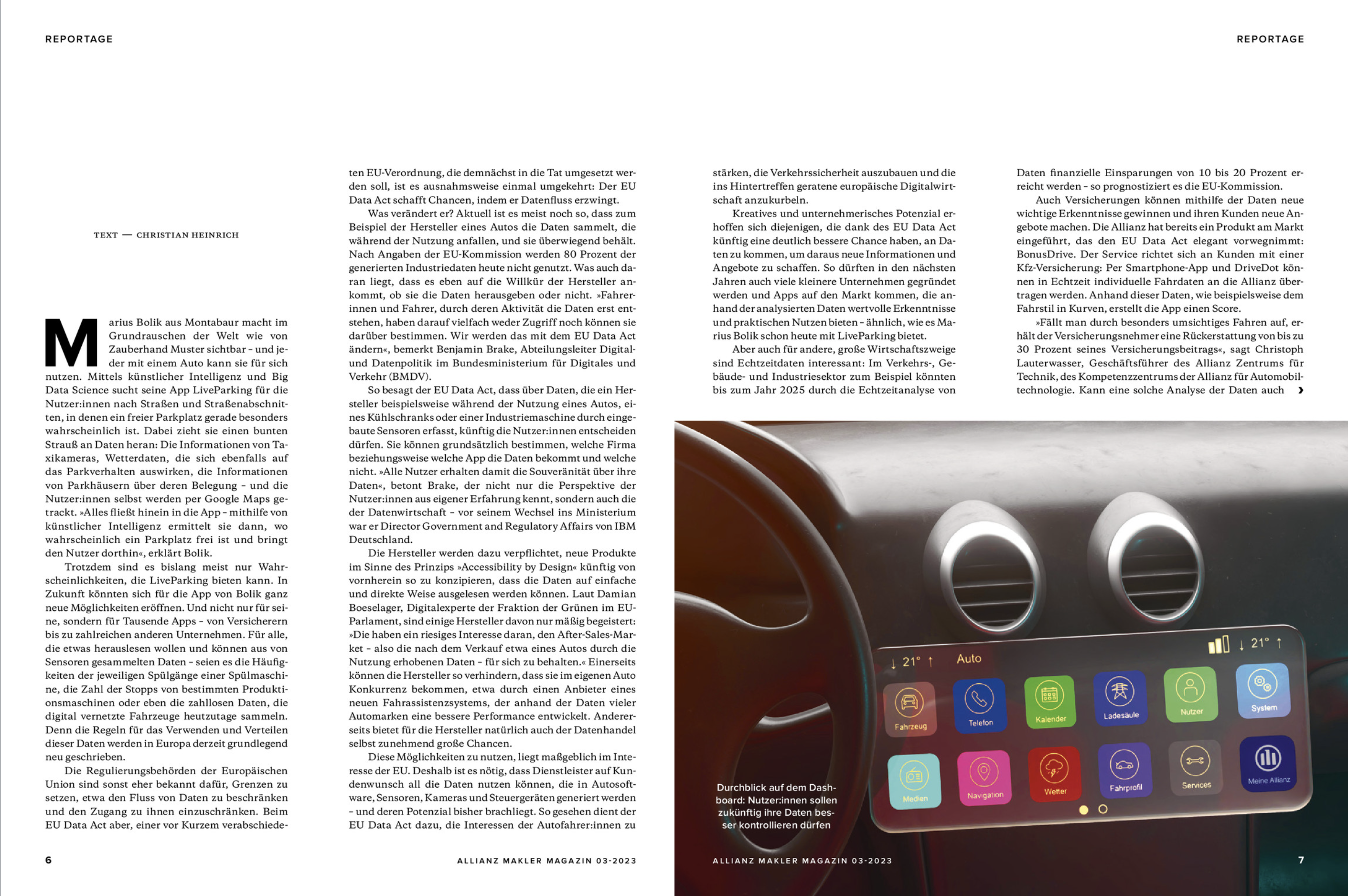First Allianz Makler Magazin print spread about mobility data and LiveParking