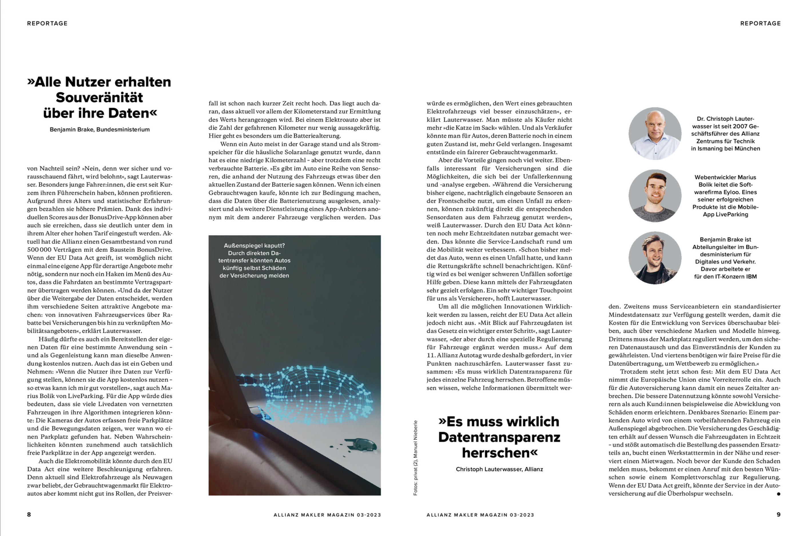 Second Allianz Makler Magazin print spread featuring Marius Bolik and LiveParking