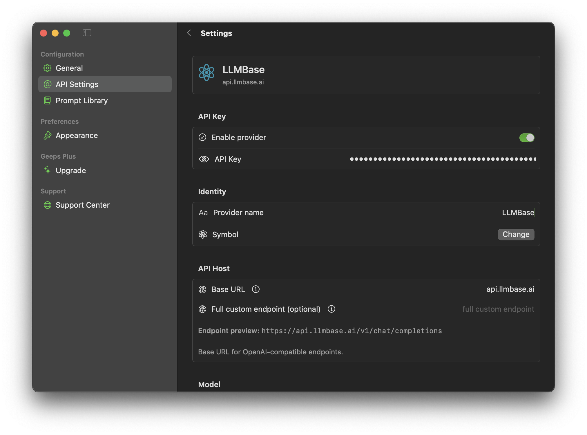 Geeps API settings showing LLMBase provider name, API key, and base URL