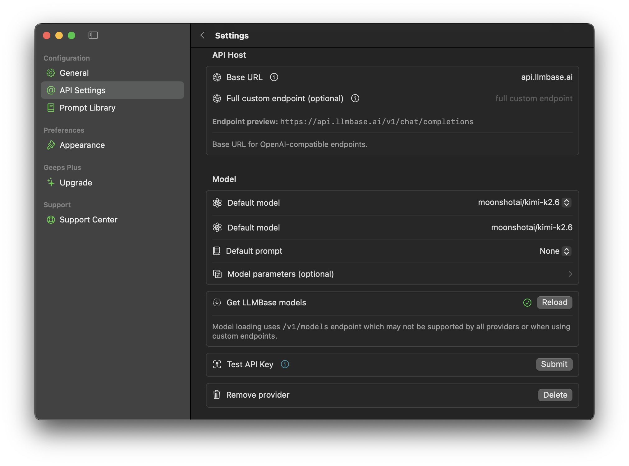 Geeps model settings showing the LLMBase model reload button and test API key action
