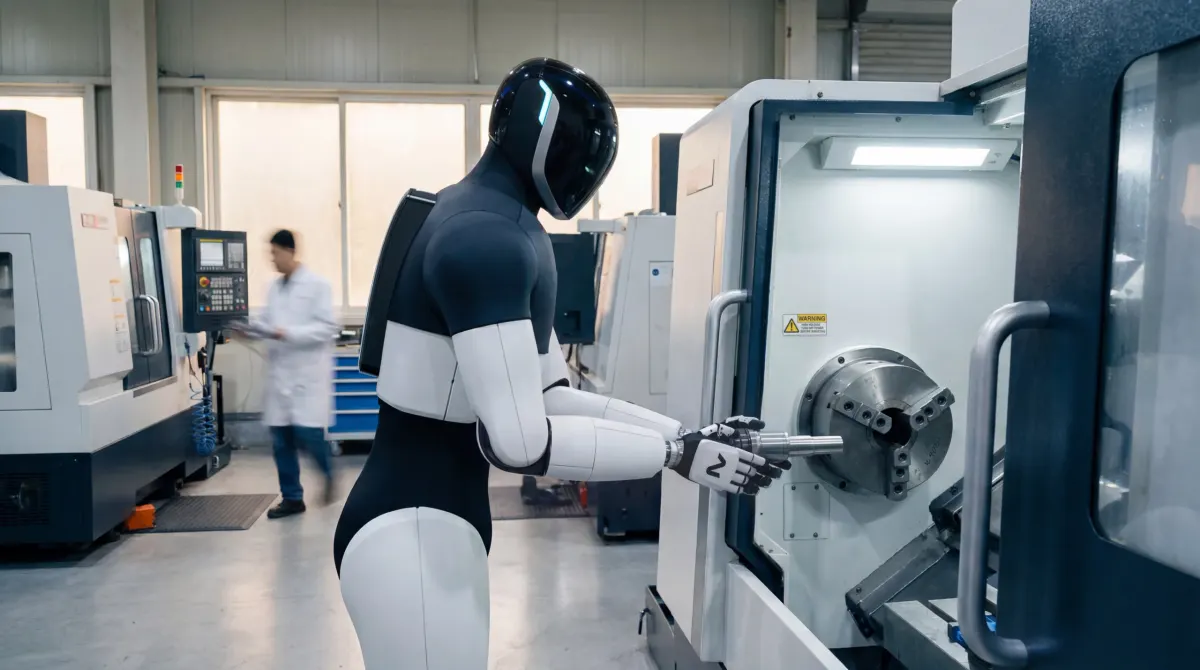 Humanoid robot operating a CNC machine on a factory floor